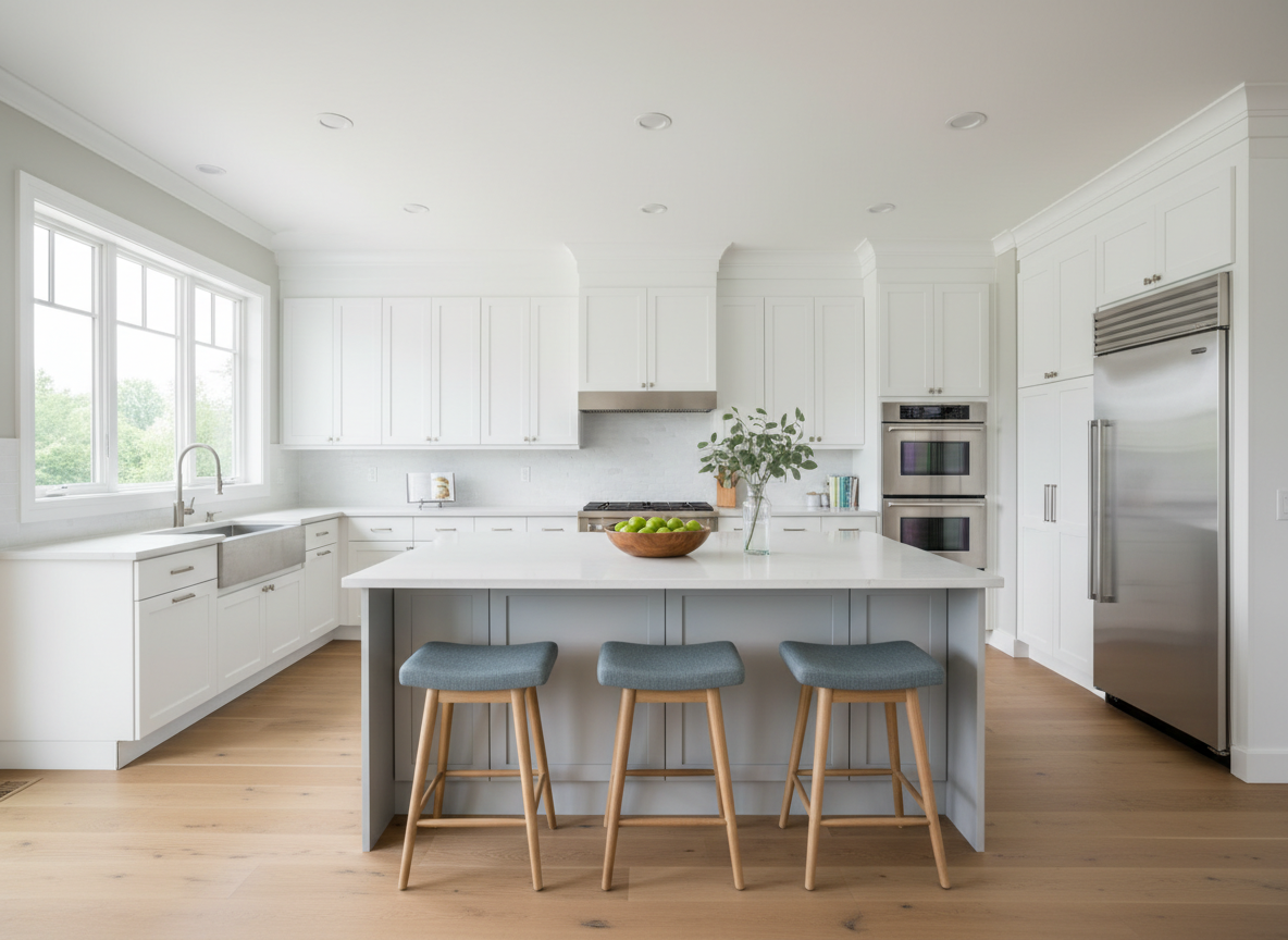 A modern open-concept kitchen ideal for a luxury listing, featuring white shaker cabinets, a soft gray quartz island, and brushed nickel fixtures. Stools with light wood legs and muted blue upholstered seats sit neatly at the island. Stainless steel appliances gleam subtly under recessed ceiling lights, while a large window over the sink lets in abundant natural light. A bowl of green apples and a clear vase with simple greenery add color without clutter. Photographed at eye level with wide-angle composition and photographic realism, the bright, airy space feels premium yet approachable, perfect for showcasing the kind of properties The Corujo Team represents, with no people or text in view.