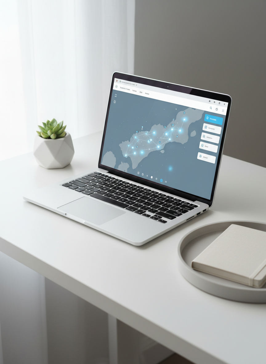 A sleek, modern real estate search interface concept displayed on a thin, silver laptop resting on a clean white desk, with a muted blue and soft gray map of a coastal region glowing on the screen. Surrounding the laptop are understated decor elements: a small potted plant, a ceramic tray, and a closed notebook, all in light, neutral tones. Diffused daylight from an unseen window casts gentle, even light across the scene, with minimal shadows. Shot from a slightly elevated three-quarter angle in photographic realism, the composition feels organized, intuitive, and professional, symbolizing an easy-to-use property search experience without any visible text or people.