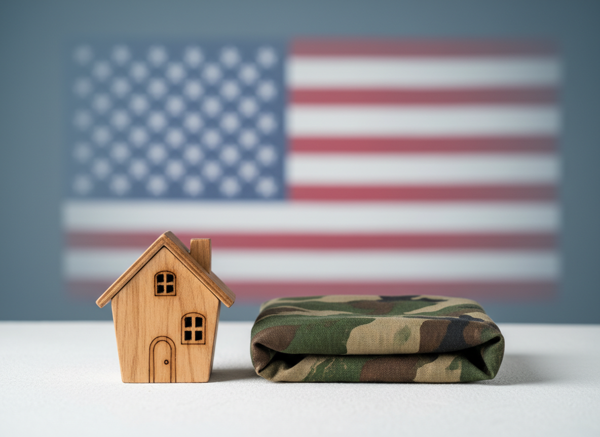 A tasteful vignette symbolizing military relocation support: a small, high-quality wooden house model placed beside a neatly folded camouflage-patterned fabric and a subtle American flag motif rendered as a soft, out-of-focus background pattern rather than a full flag. All elements rest on a white surface against a muted blue-gray backdrop. Diffused studio lighting creates even illumination and gentle shadows, maintaining a respectful, calm atmosphere. Captured in photographic realism with a centered, close-up composition and shallow depth of field, the scene conveys stability, respect, and care for relocating military families without any human figures or explicit text.