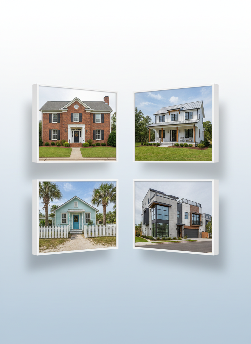 A curated grid of four real estate property exteriors presented as floating photo frames against a soft white and pale blue background, symbolizing featured listings. Each frame shows a different style home: a brick traditional CSRA residence, a modern farmhouse, a coastal Florida cottage, and a contemporary townhome. The images are evenly spaced with subtle drop shadows, creating a sense of depth while remaining minimalist. Soft, even studio-style lighting keeps the entire composition bright and uncluttered. Photographic realism ensures each mini-scene feels authentic, while the overall layout suggests an organized, high-end property showcase without any on-image text or people.