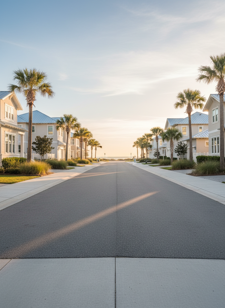 A serene coastal neighborhood street on Amelia Island at golden hour, featuring well-maintained contemporary homes with light facades, white trim, and metal roofs. Tall palm trees and sea grasses line a smooth sidewalk, and the distant glow of the ocean sky reflects soft pastel blues and peaches. Warm, low sunlight casts long, gentle shadows, giving the scene a relaxed yet upscale atmosphere. Captured from a ground-level perspective looking down the street, the composition uses leading lines to draw the eye forward, with photographic realism and a bright, airy palette that supports a premium, welcoming real estate brand without any human presence.