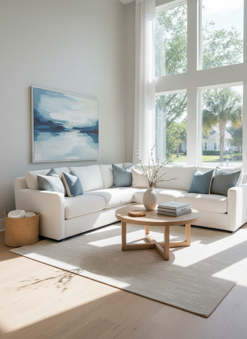 A bright, luxurious coastal-inspired living room staged for a real estate listing, featuring a soft white sectional sofa, light oak coffee table, and muted blue accents in pillows and abstract wall art. Large windows reveal a subtle hint of trees and a sunny Southern neighborhood beyond. Natural midday light floods the space, creating gentle shadows and a fresh, airy feeling. The room is impeccably tidy, with a woven basket, a ceramic vase, and a neatly stacked set of design books. Photographed at eye level with sharp focus and photographic realism, the composition feels welcoming and premium, perfect for a modern real estate hero image without any text or people.